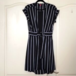 Vince Camuto black with blue/white small stripes button down belted dress small